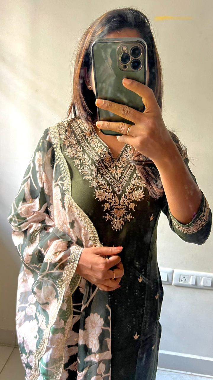 Mehandi green rayon silk embroidery 3 piece kurti suit