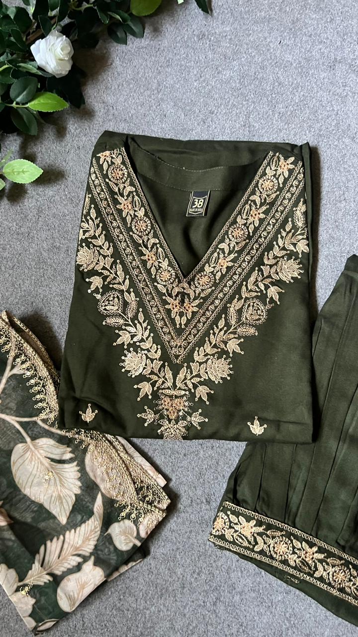 Mehandi green rayon silk embroidery 3 piece kurti suit
