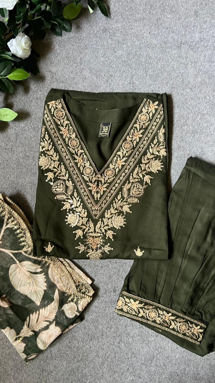 Mehandi green rayon silk embroidery 3 piece kurti suit