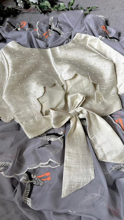 Grey organza swan embroidery saree with blouse