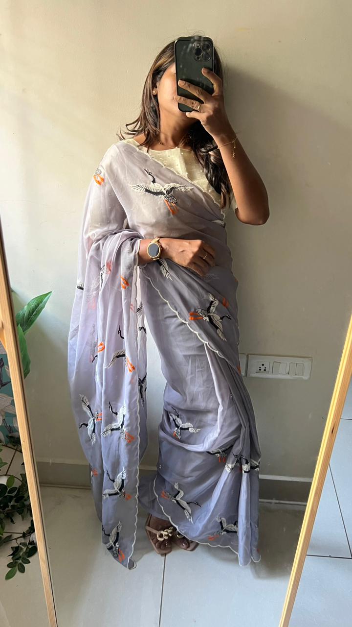 Grey organza swan embroidery saree with blouse