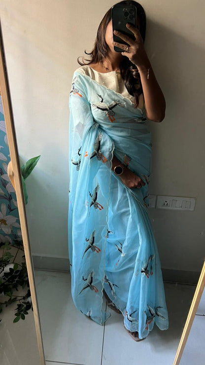 SKy blue organza swan embroidery saree with blouse