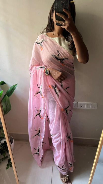 Baby pink organza swan embroidery saree with blouse