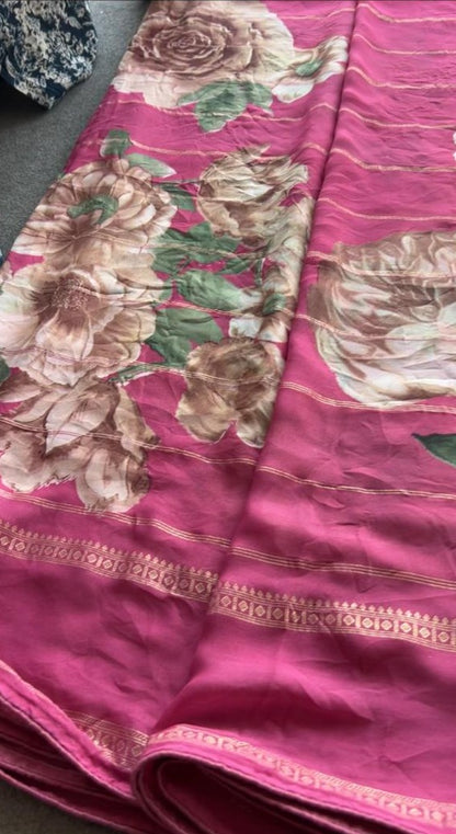 Pink chiffon floral saree with handworked blouse