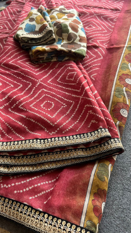 Maroon chanderi silk saree with kalamkari blouse (Prana1)
