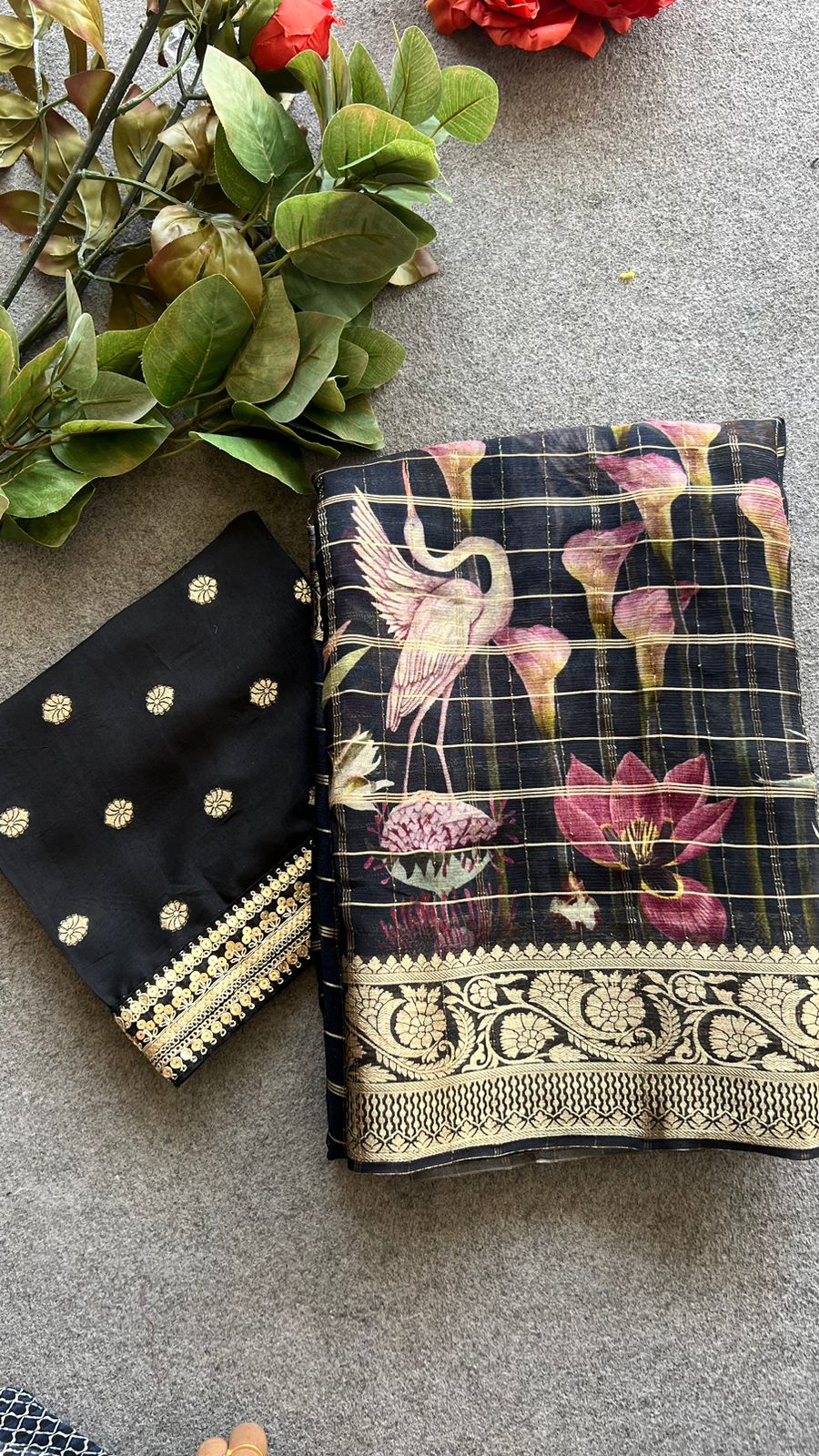 Black floral organza saree with black butta blouse (Aamani)