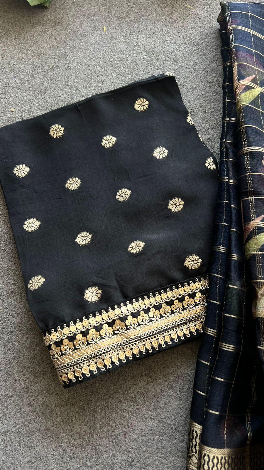 Black floral organza saree with black butta blouse (Aamani)