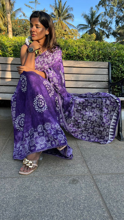 Purple cotton printed saree with & mirror worked blouse