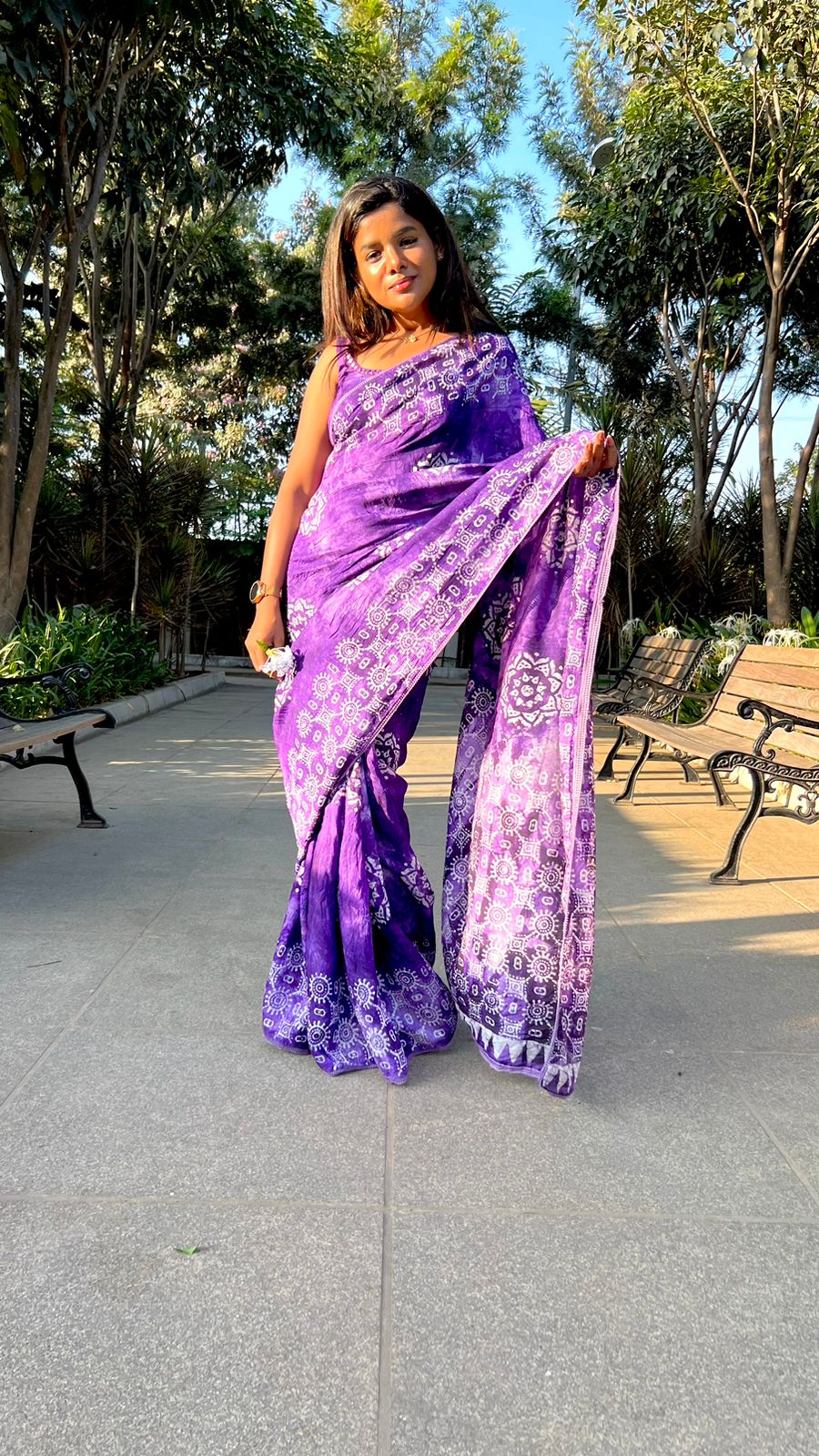 Purple cotton printed saree with & mirror worked blouse