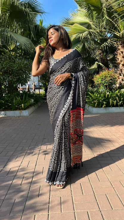Black chinnon printed & mirror worked saree with blouse