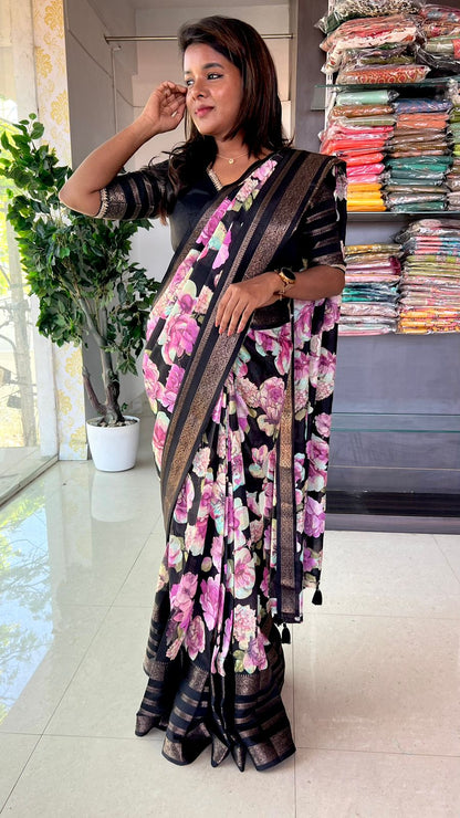 Black rose printed saree with blouse