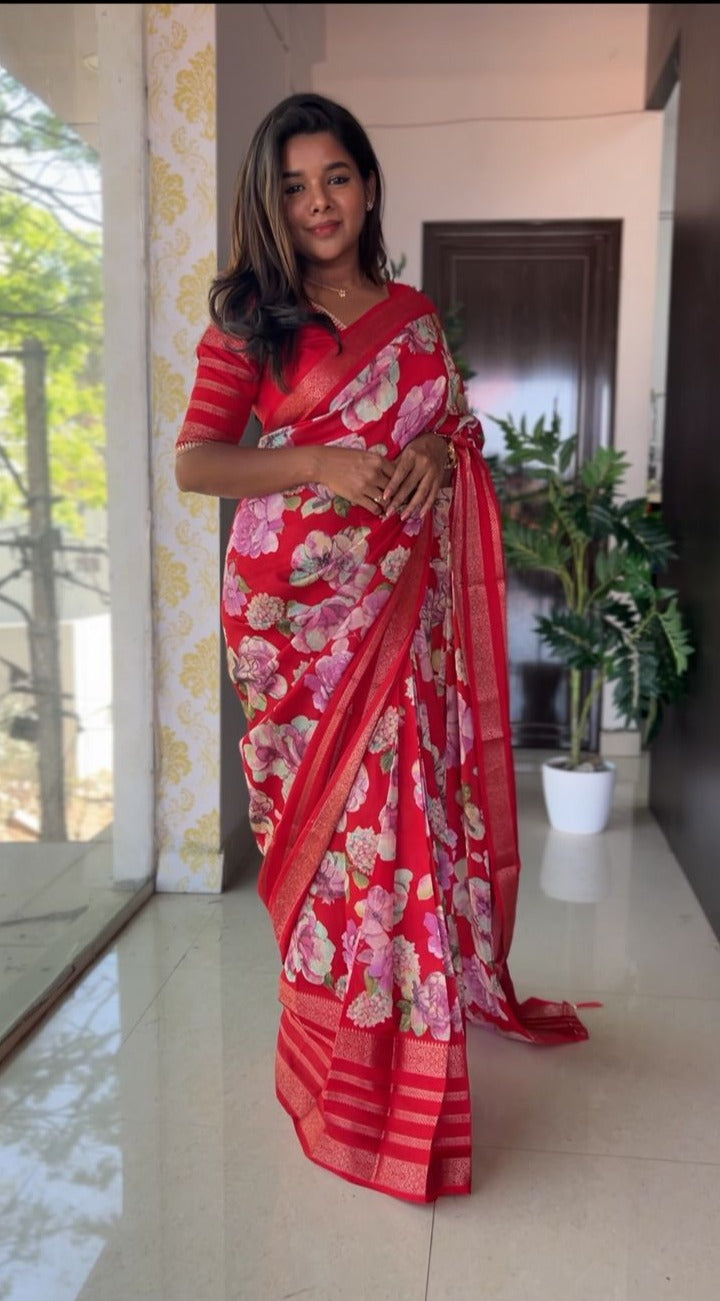 Red rose printed saree with blouse