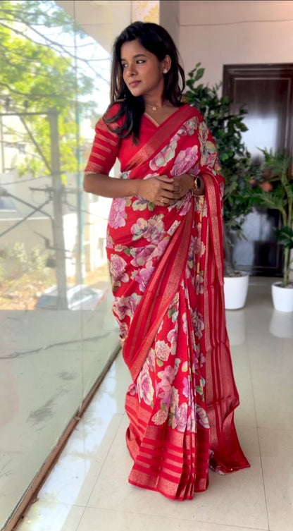 Red rose printed saree with blouse