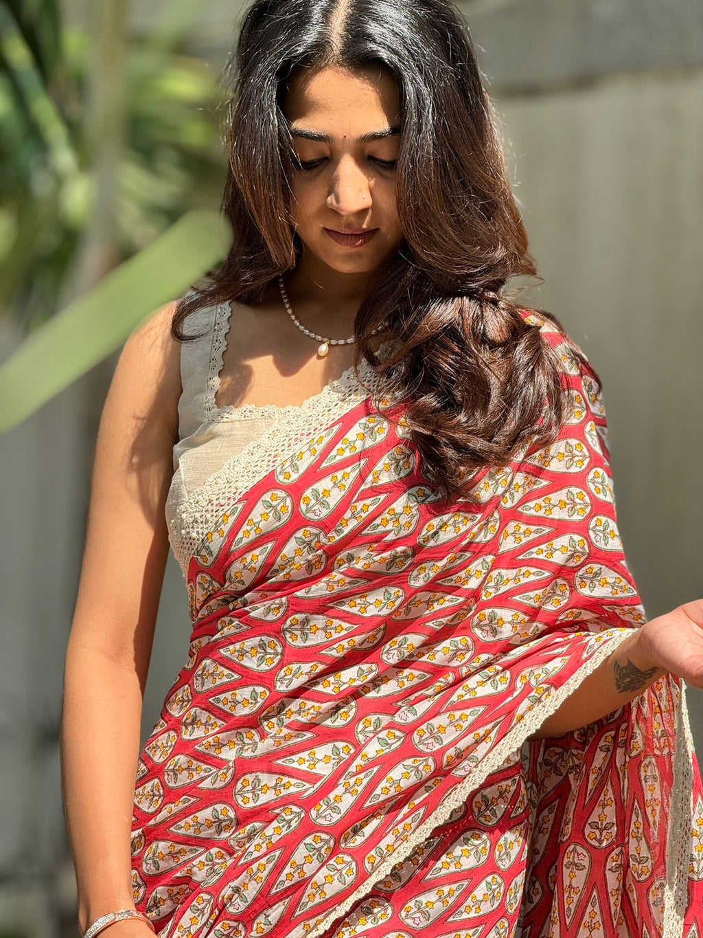 Pink cotton saree with half white embroidery blouse