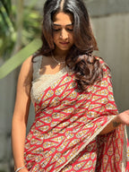 Pink cotton saree with half white embroidery blouse