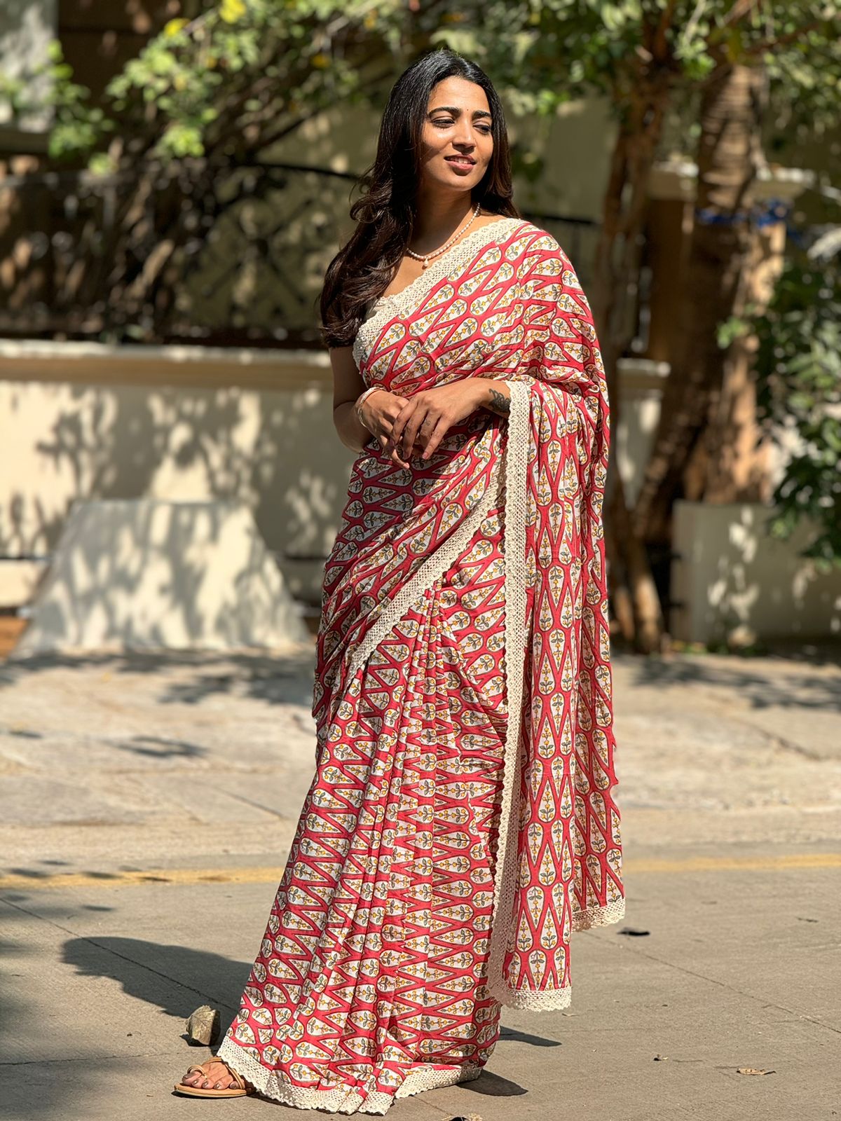 Pink cotton saree with half white embroidery blouse