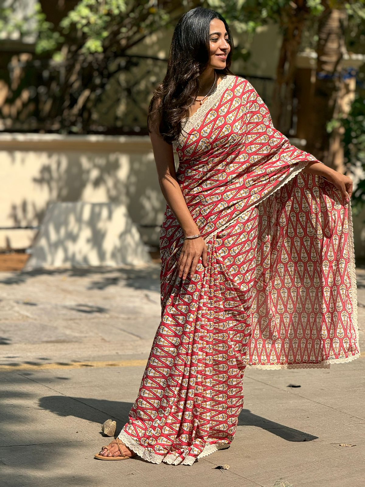 Pink cotton saree with half white embroidery blouse