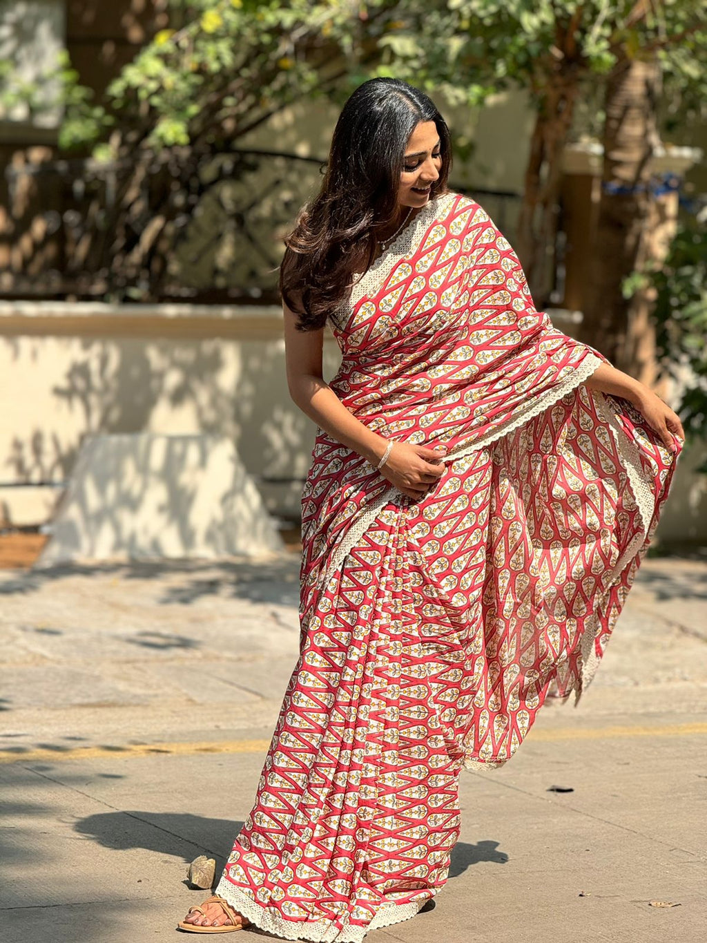 Pink cotton saree with half white embroidery blouse