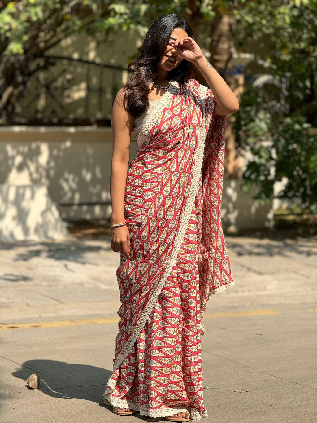 Pink cotton saree with half white embroidery blouse