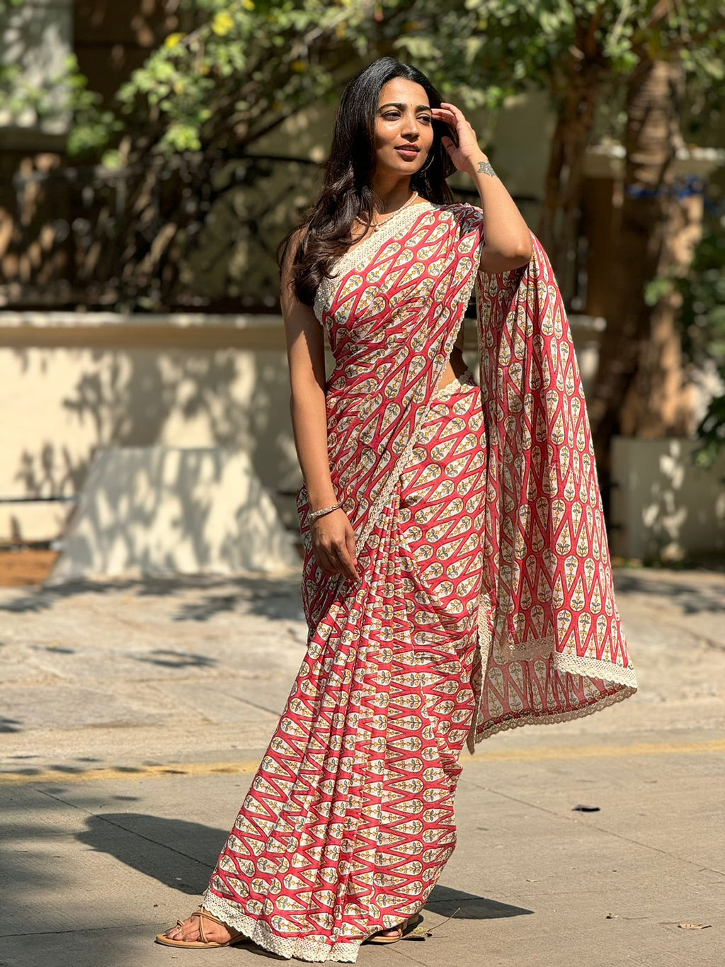 Pink cotton saree with half white embroidery blouse