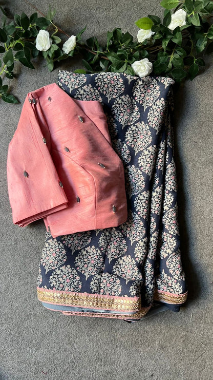 Grey georgette saree with pink handworked blouse