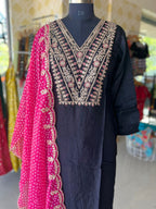 Black silk embroidery 3 piece kurti suit