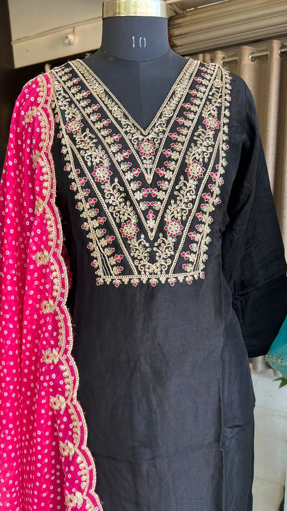 Black silk embroidery 3 piece kurti suit