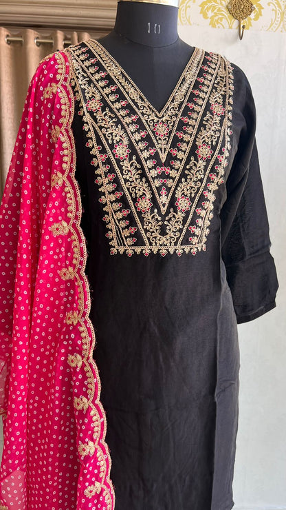 Black silk embroidery 3 piece kurti suit