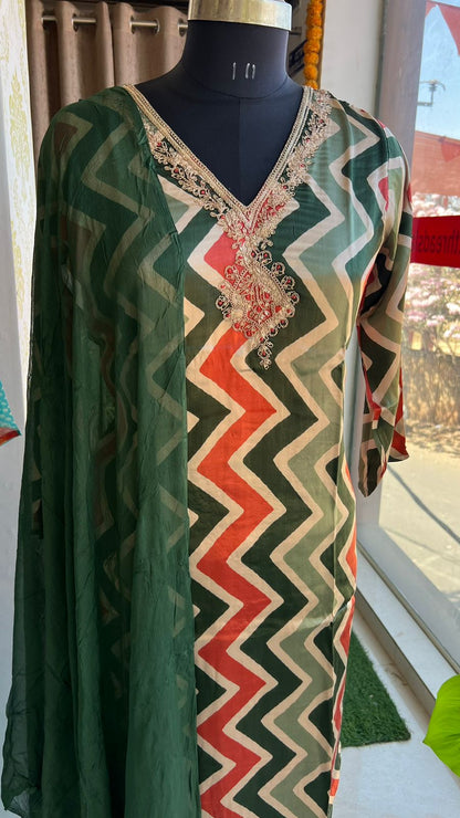 Green & cream satin embroidery 3 piece kurti suit