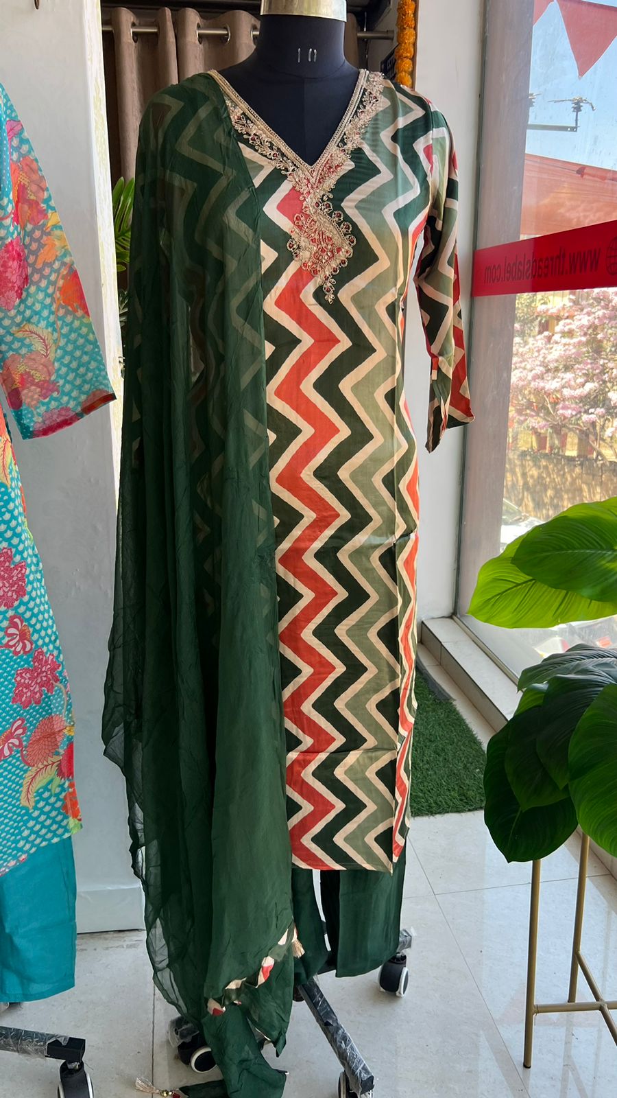 Green & cream satin embroidery 3 piece kurti suit