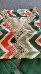 Green & cream satin embroidery 3 piece kurti suit