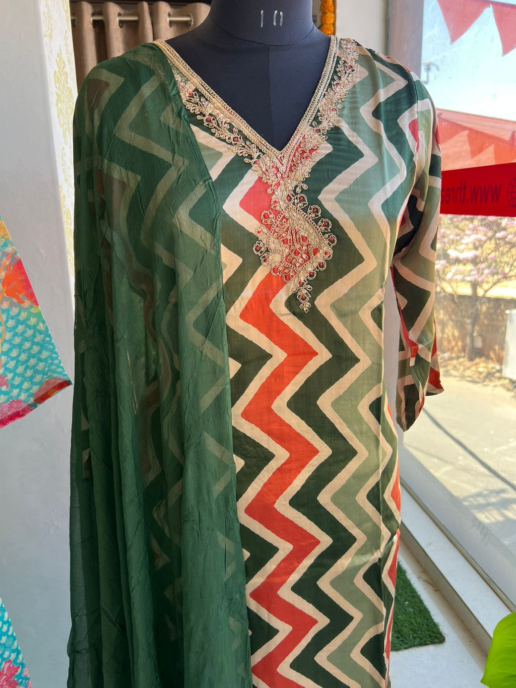 Green & cream satin embroidery 3 piece kurti suit