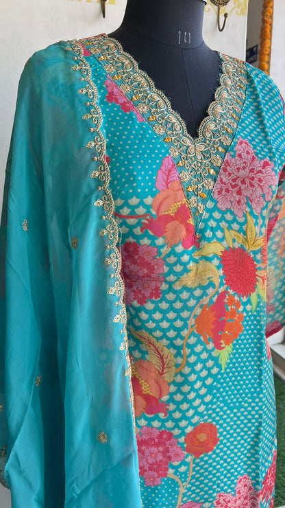 Blue organza embroidery 3 piece kurti suit