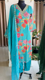 Blue organza embroidery 3 piece kurti suit