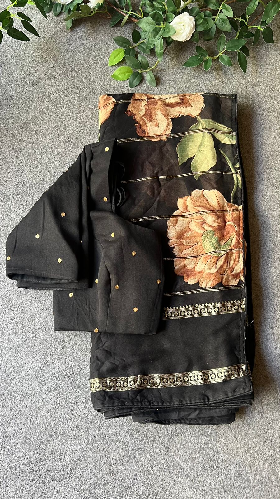 Black chiffon floral saree with handworked blouse