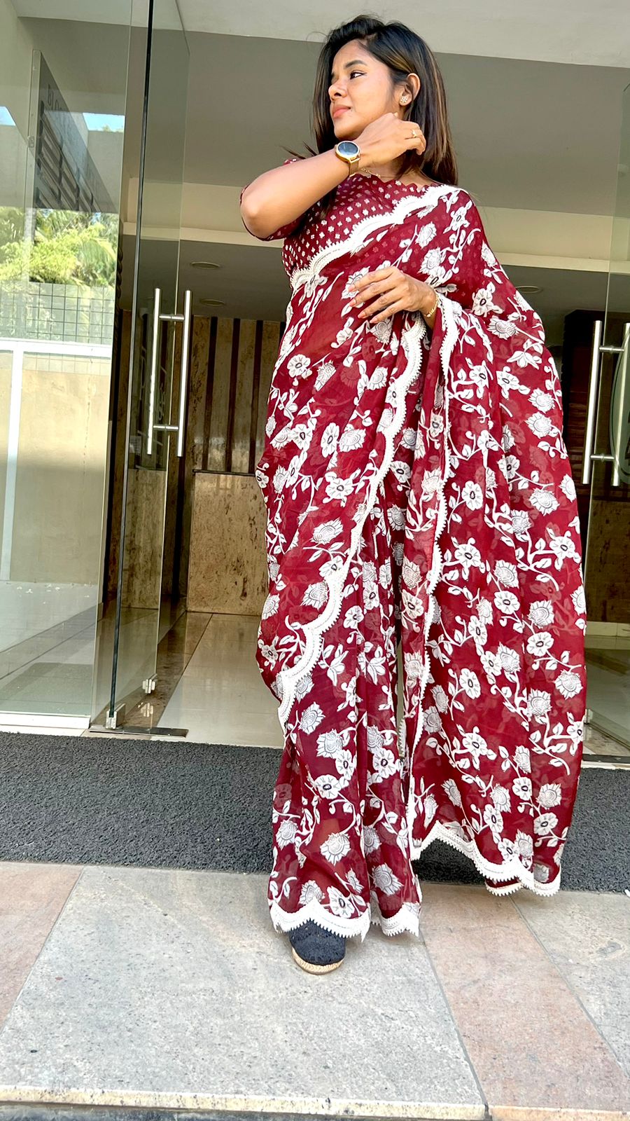 Maroon georgette saree with banarasi blouse