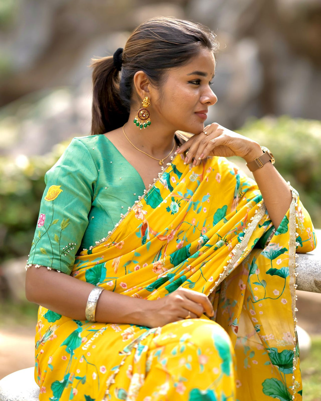 Green tissue hand work blouse (only blouse)