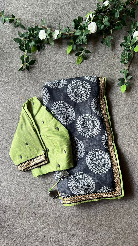 Grey chiffon printed saree with pista hand work blouse