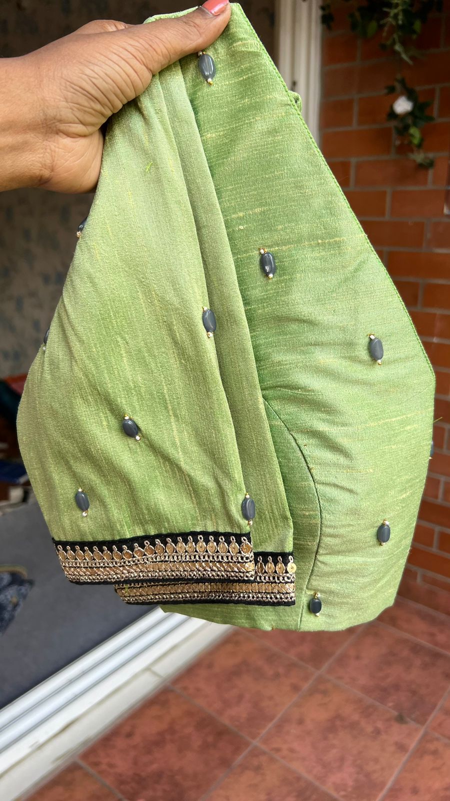 Grey chiffon printed saree with pista hand work blouse