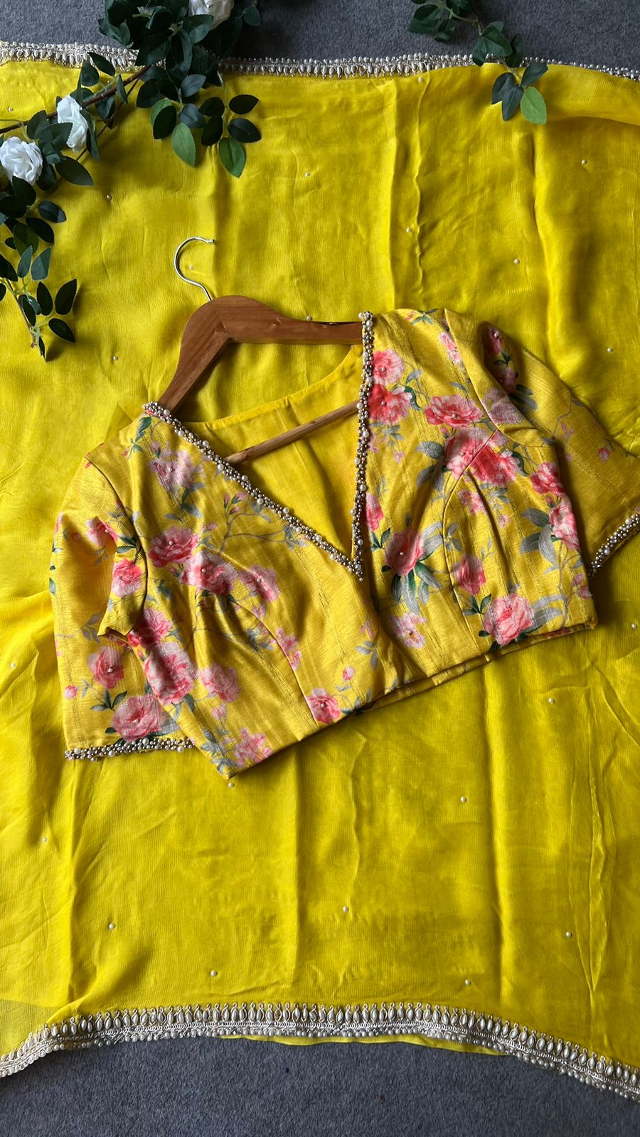 Yellow pearl hand worked blouse