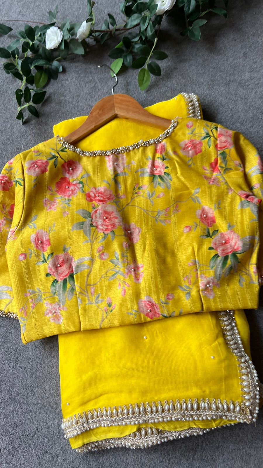 Yellow pearl hand worked blouse