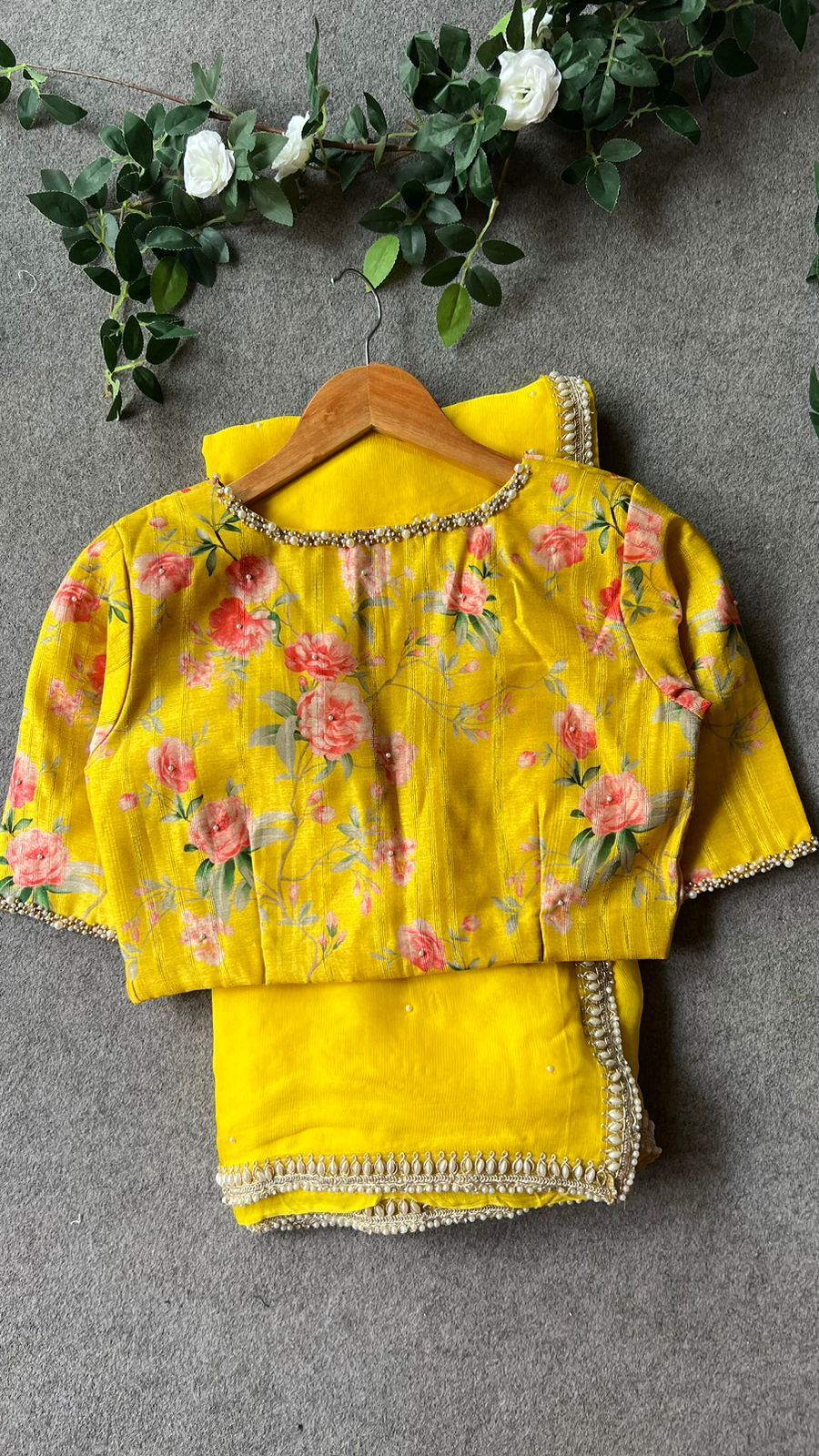 Yellow pearl hand worked blouse
