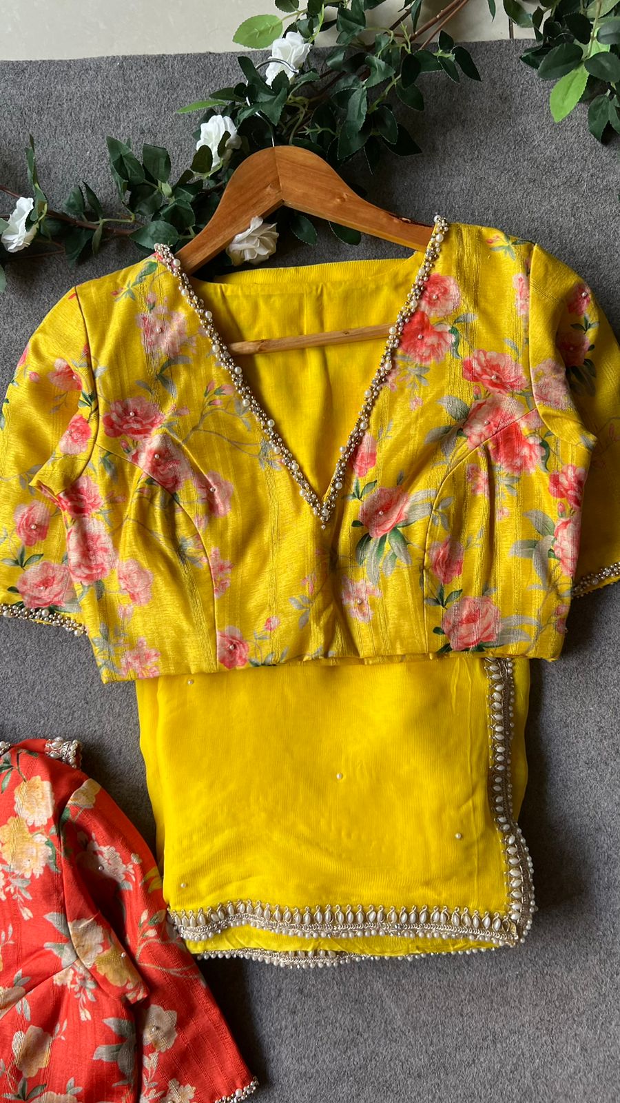 Yellow pearl hand worked blouse
