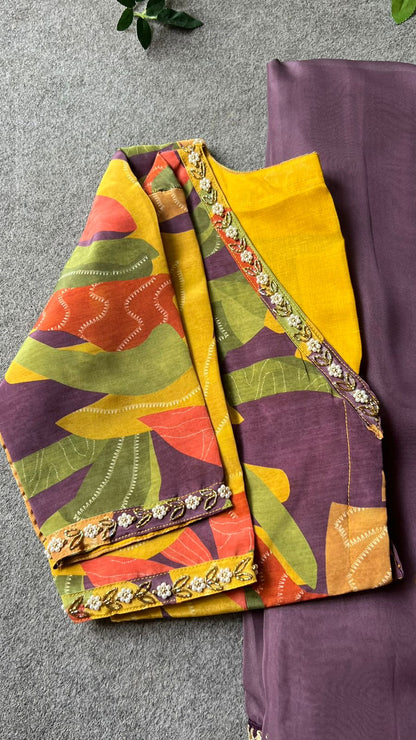Purple organza saree with silk hand work blouse