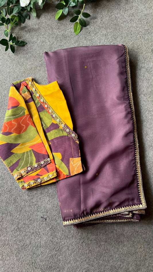 Purple organza saree with silk hand worked blouse