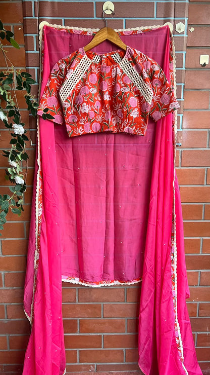 Pink jute saree with cotton hand block printed blouse