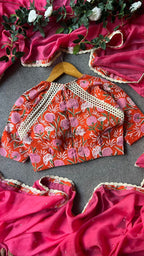 Pink jute saree with cotton hand block printed blouse