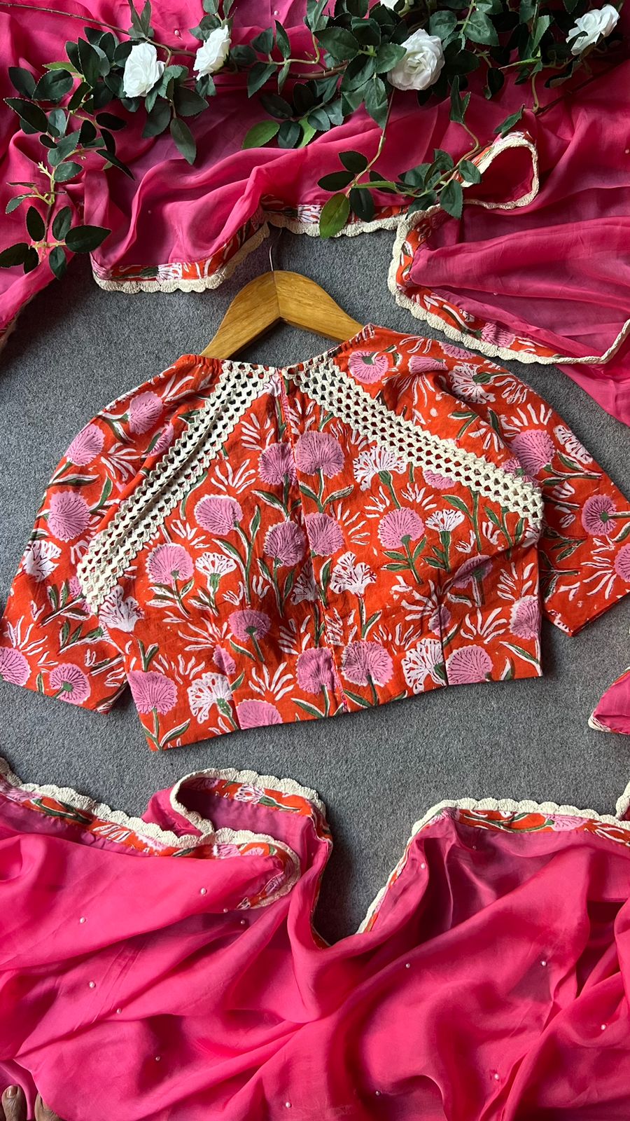 Pink jute saree with cotton hand block printed blouse