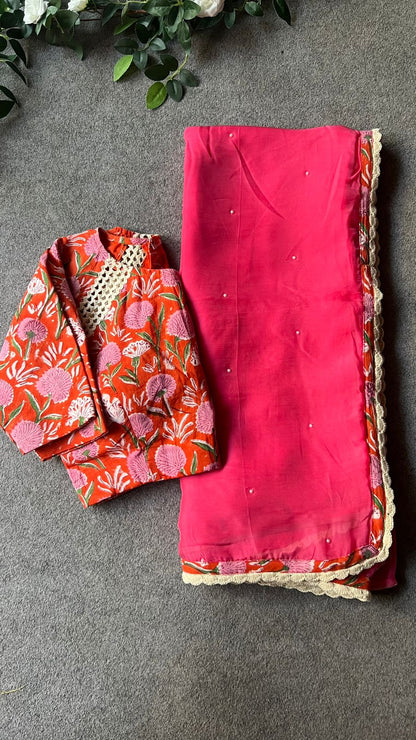 Pink jute saree with cotton hand block printed blouse