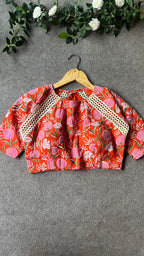 Pink jute saree with cotton hand block printed blouse
